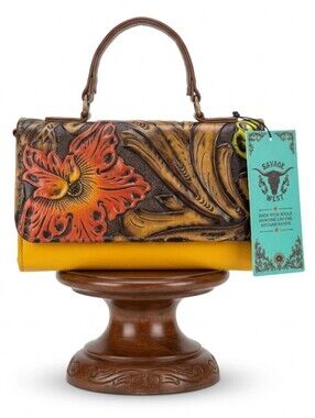 Genuine Leather Handtooled Floral Satchel Bag NWT